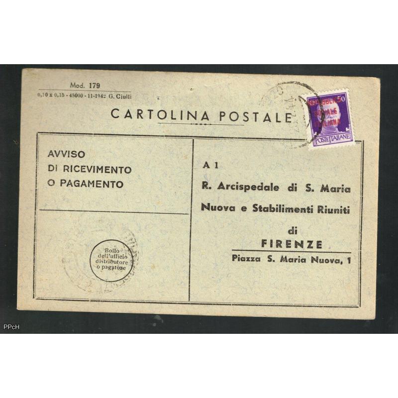Ricevuta di ritorno del febbraio '44 - 50 cent CL usato